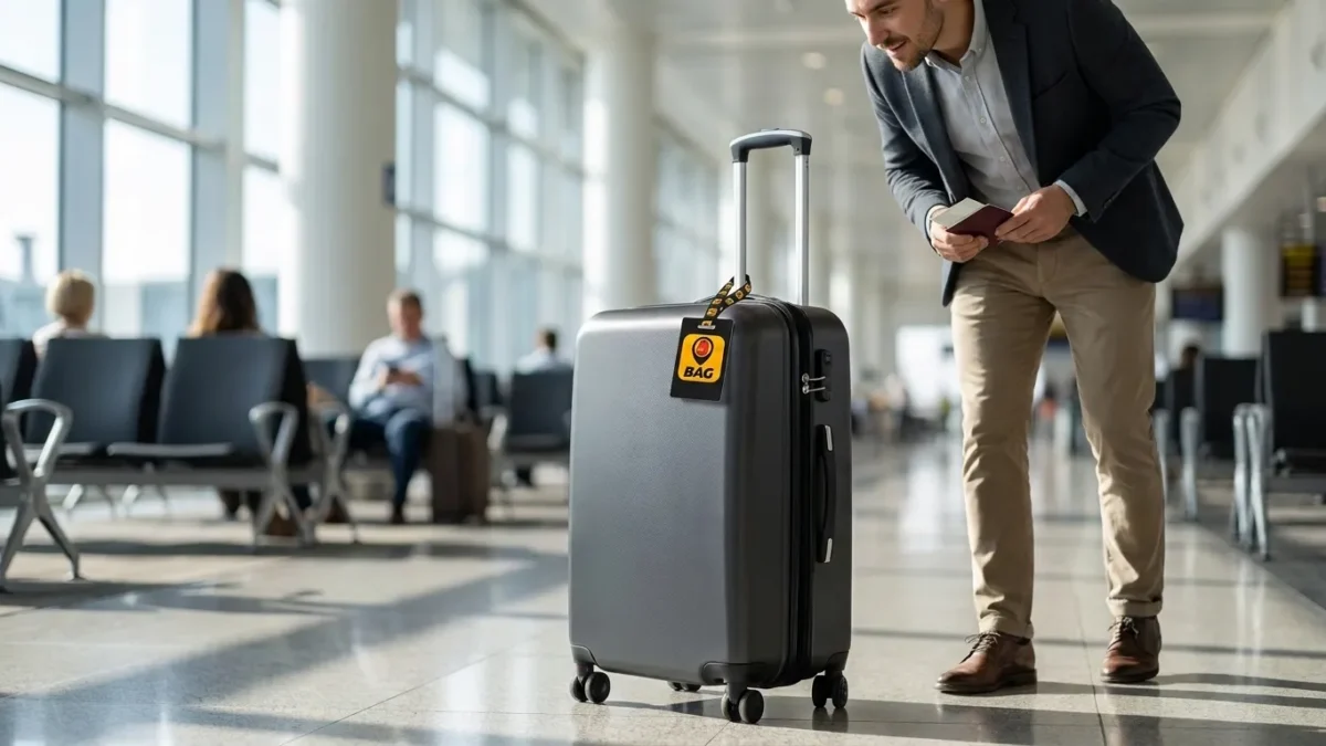 Etiqueta inteligente de mala com QR Code do BAGCard presa à bagagem em aeroporto