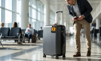 Etiqueta inteligente de mala com QR Code do BAGCard presa à bagagem em aeroporto