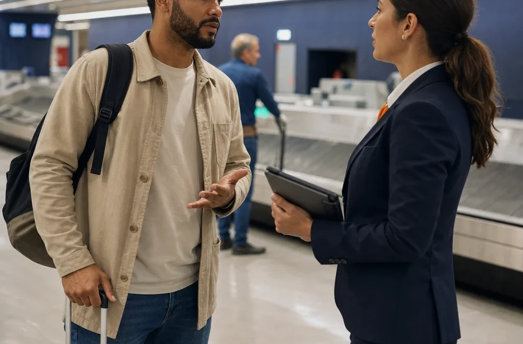 Bagagem extraviada: o que fazer no aeroporto e quais são seus direitos - destacada: Passageira com mala de mão procurando informações sobre bagagem extraviada no aeroporto