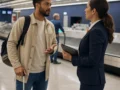 Bagagem extraviada: o que fazer no aeroporto e quais são seus direitos - destacada: Passageira com mala de mão procurando informações sobre bagagem extraviada no aeroporto