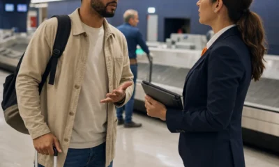 Bagagem extraviada: o que fazer no aeroporto e quais são seus direitos - destacada: Passageira com mala de mão procurando informações sobre bagagem extraviada no aeroporto