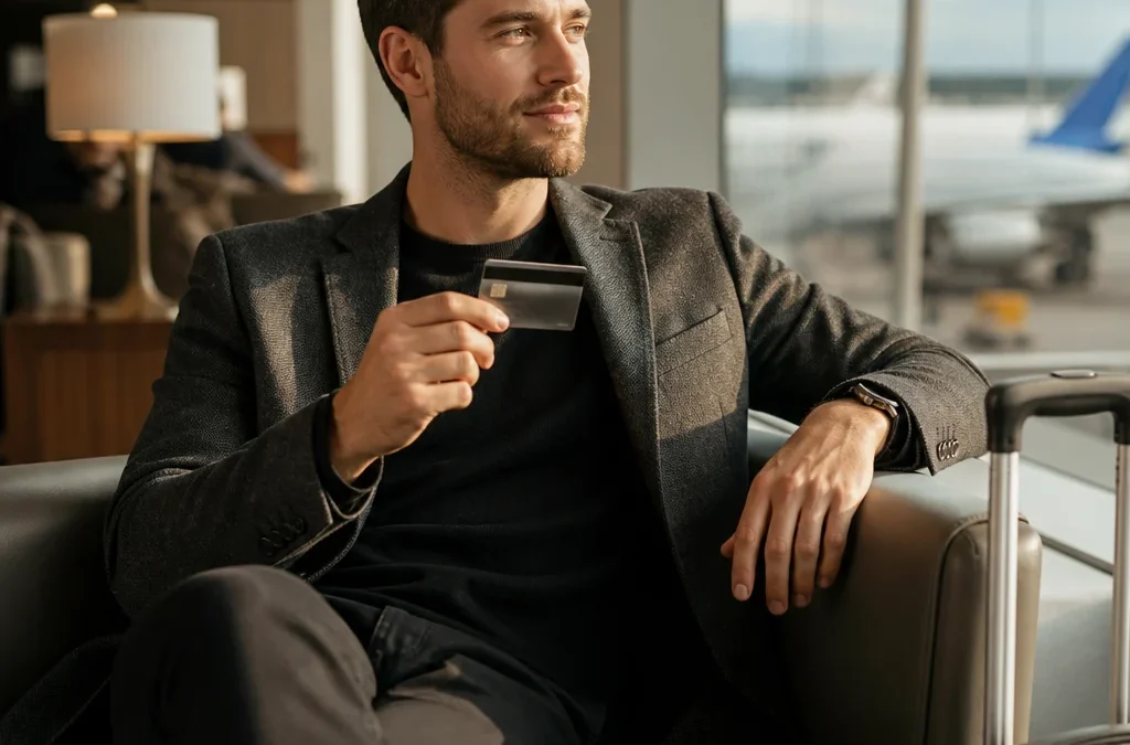 cartão LATAM Pass Black Signature vale a pena - destacada: Viajante em aeroporto segurando cartão de crédito premium e mala de bordo, representando análise do cartão LATAM Pass Black Signature.