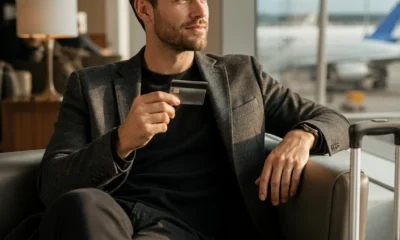 cartão LATAM Pass Black Signature vale a pena - destacada: Viajante em aeroporto segurando cartão de crédito premium e mala de bordo, representando análise do cartão LATAM Pass Black Signature.