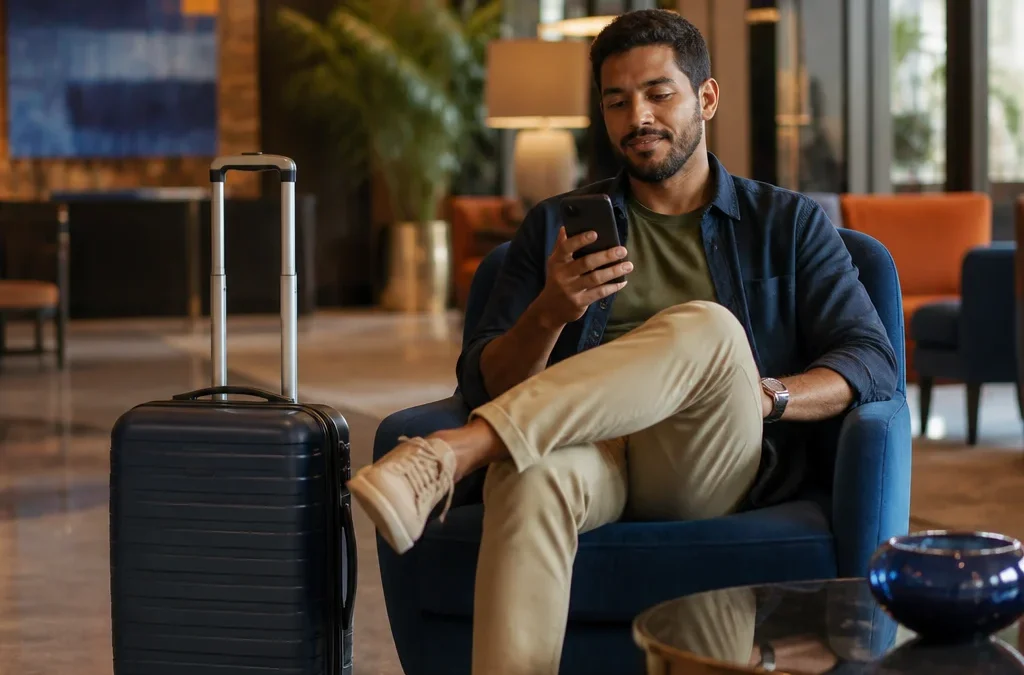Como alterar a data de uma reserva de hotel com segurança - destacada: Viajante consultando como alterar a data de uma reserva de hotel no celular