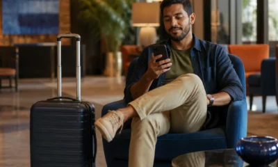 Como alterar a data de uma reserva de hotel com segurança - destacada: Viajante consultando como alterar a data de uma reserva de hotel no celular