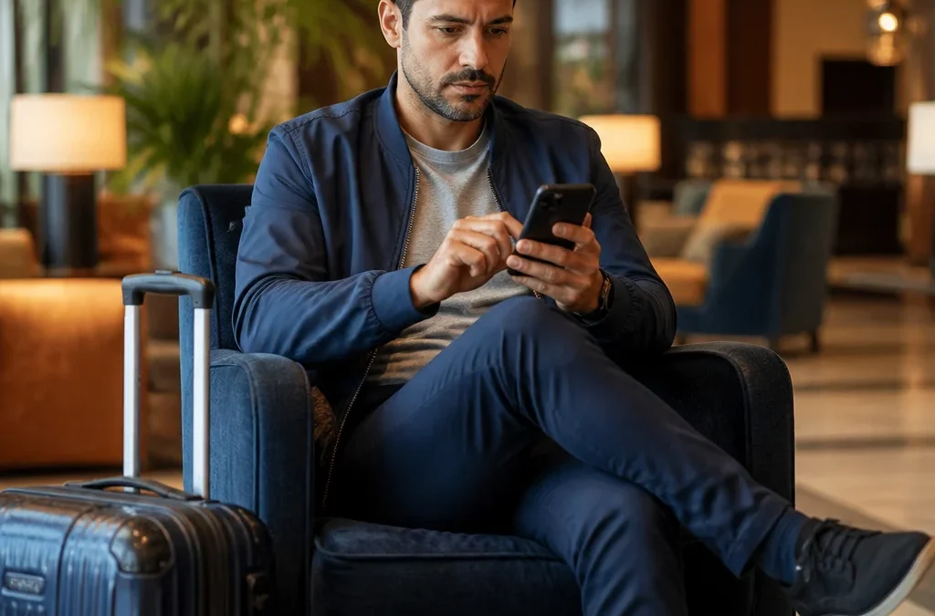 Como alterar o nome na reserva do hotel sem perder a diária - destacada: Viajante conferindo como alterar o nome na reserva do hotel pelo celular