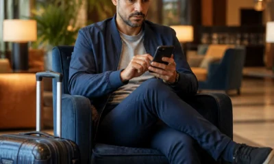 Como alterar o nome na reserva do hotel sem perder a diária - destacada: Viajante conferindo como alterar o nome na reserva do hotel pelo celular
