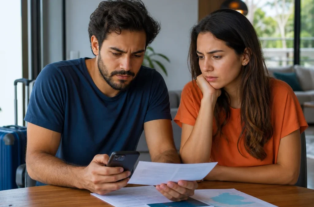 Como cancelar um pacote de viagem e reduzir prejuízos - destacada: Casal analisando documentos para cancelar um pacote de viagem