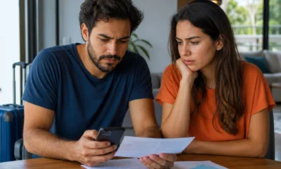 Como cancelar um pacote de viagem e reduzir prejuízos - destacada: Casal analisando documentos para cancelar um pacote de viagem