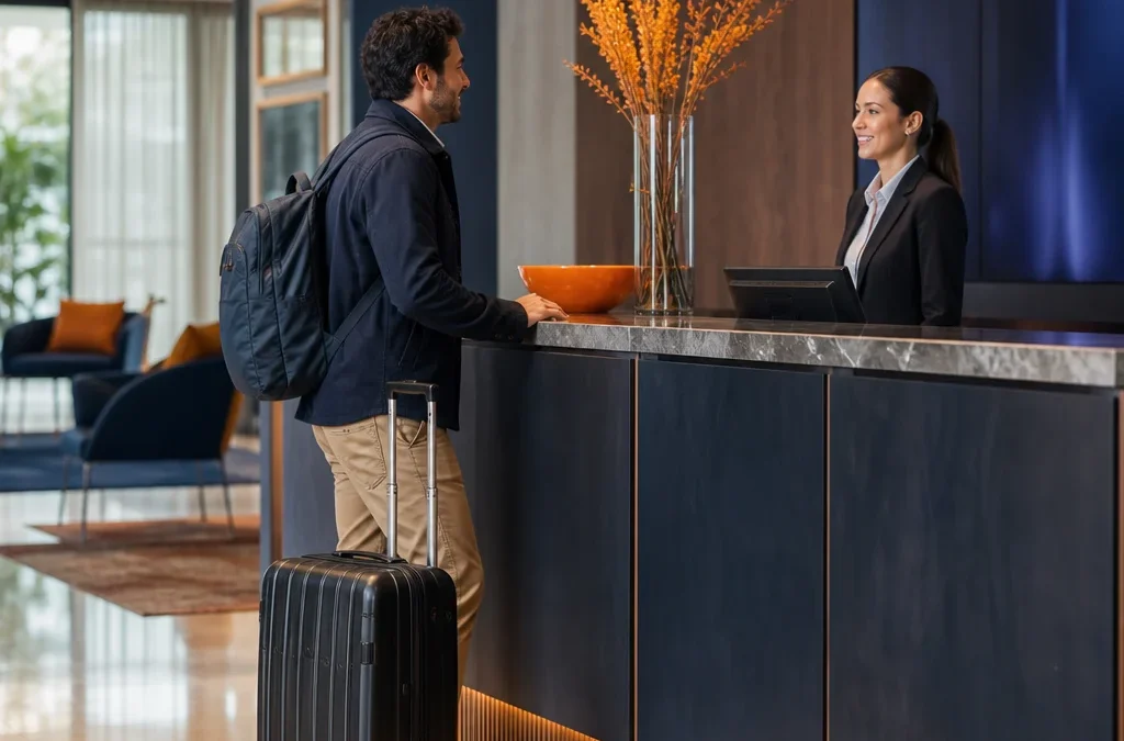 Como funciona o early check-in no hotel e quando ele pode ser cobrado - destacada: Hóspede fazendo early check-in no balcão de um hotel
