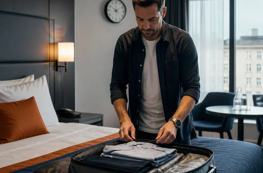 Como funciona o late check-out no hotel e quando vale pedir - destacada: Hóspede organizando a mala no quarto durante o late check-out no hotel