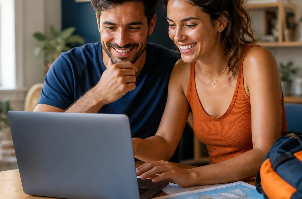 Como funciona o pagamento de pacote de viagem e o que conferir - destacada: Casal analisando como funciona o pagamento de pacote de viagem em um notebook