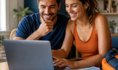 Como funciona o pagamento de pacote de viagem e o que conferir - destacada: Casal analisando como funciona o pagamento de pacote de viagem em um notebook