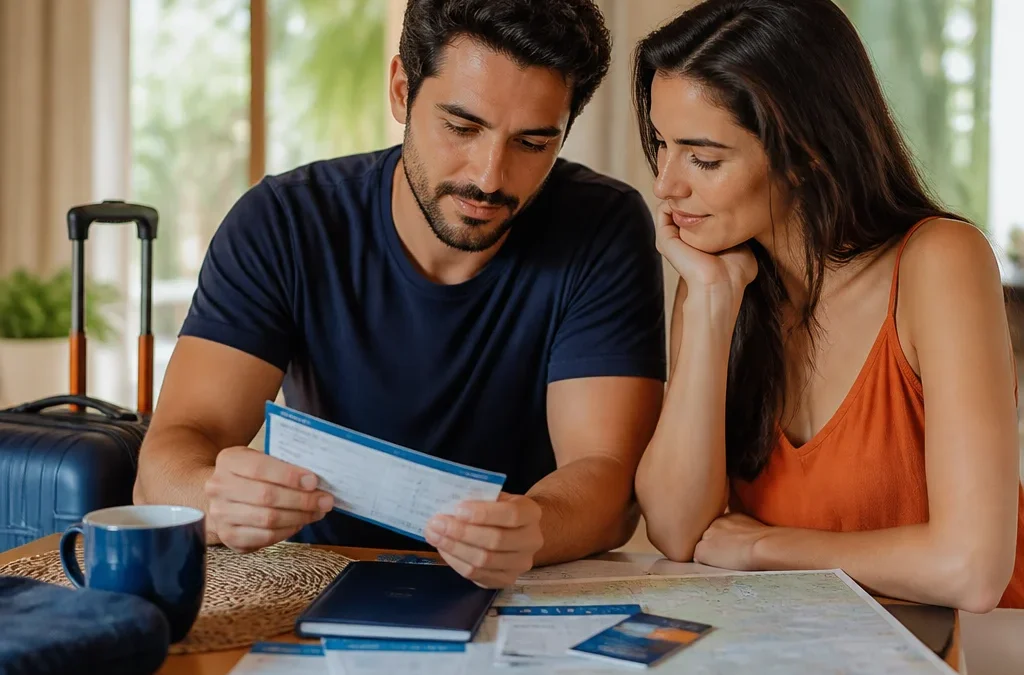 Como funciona pacote de viagem com passagem e hotel na prática - destacada: Casal organizando pacote de viagem com passagem e hotel em uma mesa