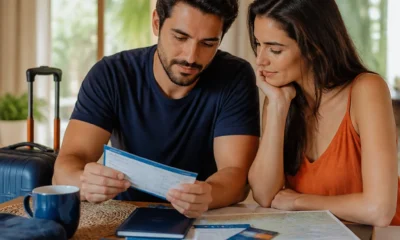 Como funciona pacote de viagem com passagem e hotel na prática - destacada: Casal organizando pacote de viagem com passagem e hotel em uma mesa