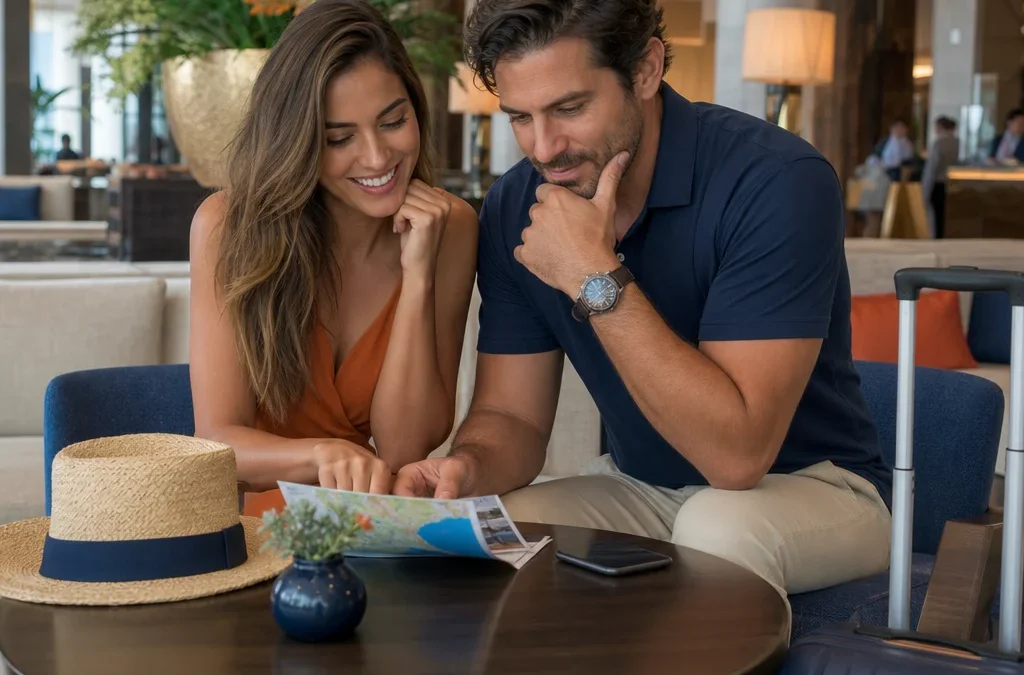 Como funciona pacote de viagem para casal e o que conferir antes de reservar - destacada: Casal planejando pacote de viagem com passagem e hotel