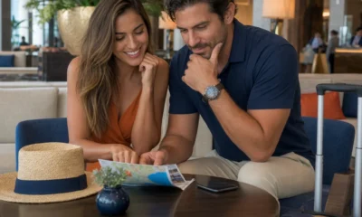 Como funciona pacote de viagem para casal e o que conferir antes de reservar - destacada: Casal planejando pacote de viagem com passagem e hotel