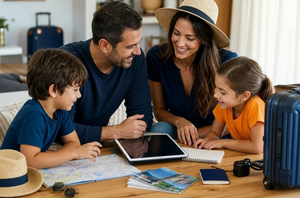 Como funciona pacote de viagem para família e o que conferir - destacada: Família organizando um pacote de viagem para família com crianças
