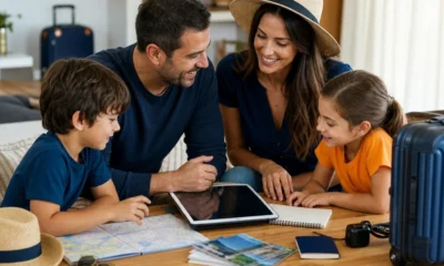 Como funciona pacote de viagem para família e o que conferir - destacada: Família organizando um pacote de viagem para família com crianças