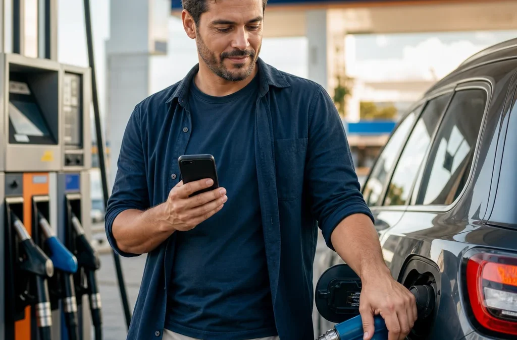 Como ganhar milhas abastecendo e aproveitar pontos do posto - destacada: Motorista abastecendo o carro e usando aplicativo para ganhar milhas abastecendo