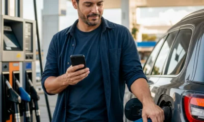 Como ganhar milhas abastecendo e aproveitar pontos do posto - destacada: Motorista abastecendo o carro e usando aplicativo para ganhar milhas abastecendo