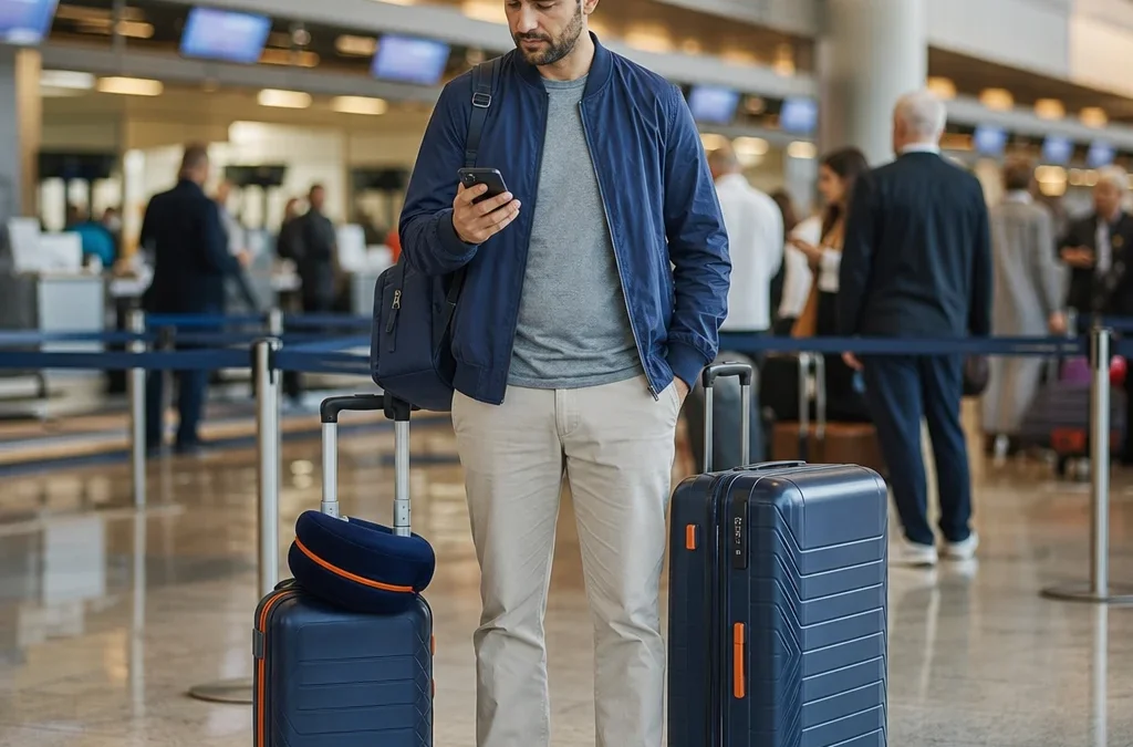 Como saber se a passagem inclui bagagem antes de finalizar a compra - destacada: Viajante conferindo se a passagem inclui bagagem antes de embarcar