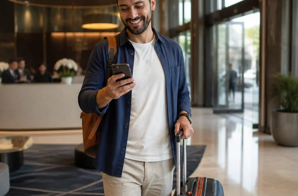 Como saber se a reserva do hotel está confirmada e evitar surpresas - destacada: Viajante conferindo a confirmação de reserva de hotel no celular
