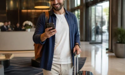 Como saber se a reserva do hotel está confirmada e evitar surpresas - destacada: Viajante conferindo a confirmação de reserva de hotel no celular