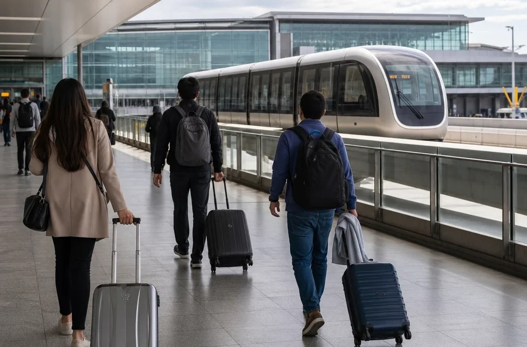 como usar o Aeromóvel do Aeroporto de Guarulhos - destacada: Passageiro usando o Aeromóvel no Aeroporto de Guarulhos para acessar os terminais.
