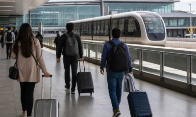 como usar o Aeromóvel do Aeroporto de Guarulhos - destacada: Passageiro usando o Aeromóvel no Aeroporto de Guarulhos para acessar os terminais.