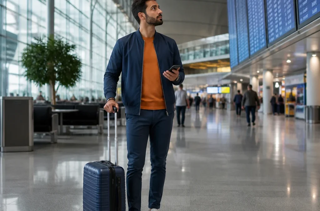 Conexão por conta própria: riscos, bagagem e tempo para planejar - destacada: Passageiro com mala planejando conexão por conta própria no aeroporto