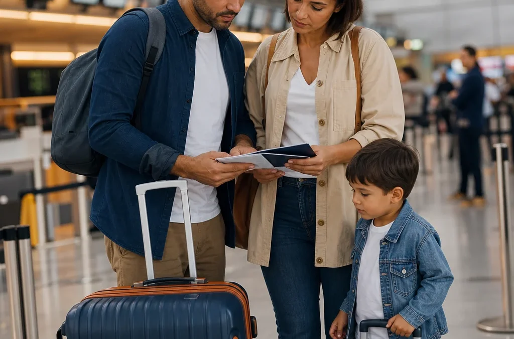 Criança paga passagem aérea? Veja regras por idade e tipo de voo - destacada: Família com criança preparando documentos e passagens aéreas antes de viajar
