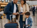 Criança paga passagem aérea? Veja regras por idade e tipo de voo - destacada: Família com criança preparando documentos e passagens aéreas antes de viajar