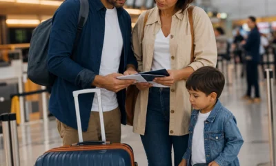 Criança paga passagem aérea? Veja regras por idade e tipo de voo - destacada: Família com criança preparando documentos e passagens aéreas antes de viajar