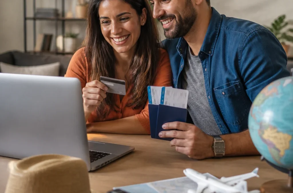 É possível parcelar pacote de viagem? Veja o que conferir antes de comprar - destacada: Casal conferindo opções para parcelar pacote de viagem em um notebook