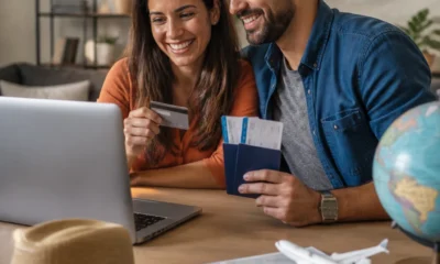 É possível parcelar pacote de viagem? Veja o que conferir antes de comprar - destacada: Casal conferindo opções para parcelar pacote de viagem em um notebook