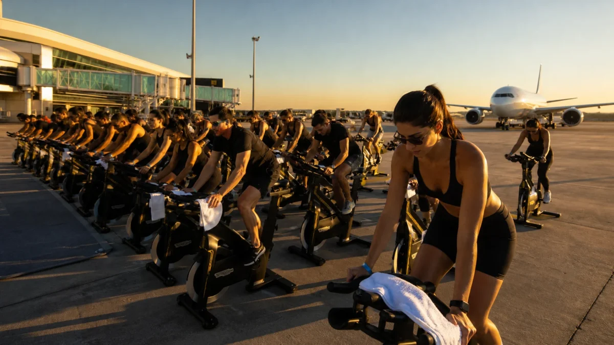 Pedaladas entre aviões: aeroporto de Brasília estreia aula coletiva de spinning em área operacional