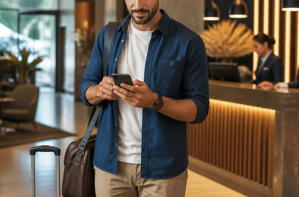 Hotel pode cobrar antes do check-in? Entenda as regras da reserva - destacada: Hóspede conferindo as condições de pagamento antecipado de hotel no celular