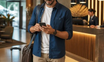 Hotel pode cobrar antes do check-in? Entenda as regras da reserva - destacada: Hóspede conferindo as condições de pagamento antecipado de hotel no celular