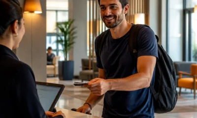 Hotel pode exigir cartão de crédito na reserva? Entenda as condições - destacada: Hóspede usando cartão de crédito para confirmar reserva de hotel