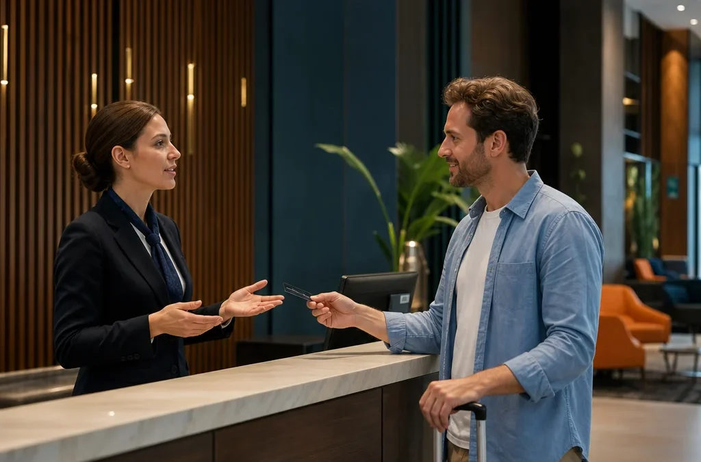Hotel pode pedir caução? Entenda a cobrança antes do check-in - destacada: Recepcionista explicando a caução em hotel a uma hóspede durante o check-in