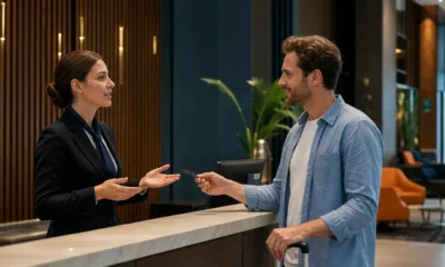 Hotel pode pedir caução? Entenda a cobrança antes do check-in - destacada: Recepcionista explicando a caução em hotel a uma hóspede durante o check-in
