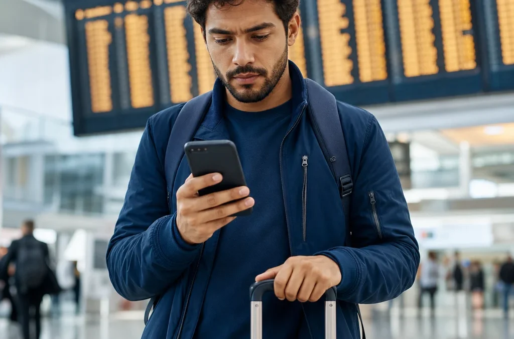 Ida e volta em companhias diferentes: quando vale a pena e quais cuidados tomar - destacada: Passageiro consultando voos de ida e volta em companhias diferentes no aeroporto
