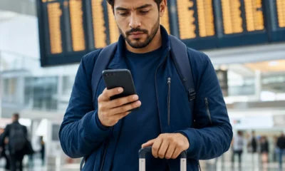Ida e volta em companhias diferentes: quando vale a pena e quais cuidados tomar - destacada: Passageiro consultando voos de ida e volta em companhias diferentes no aeroporto