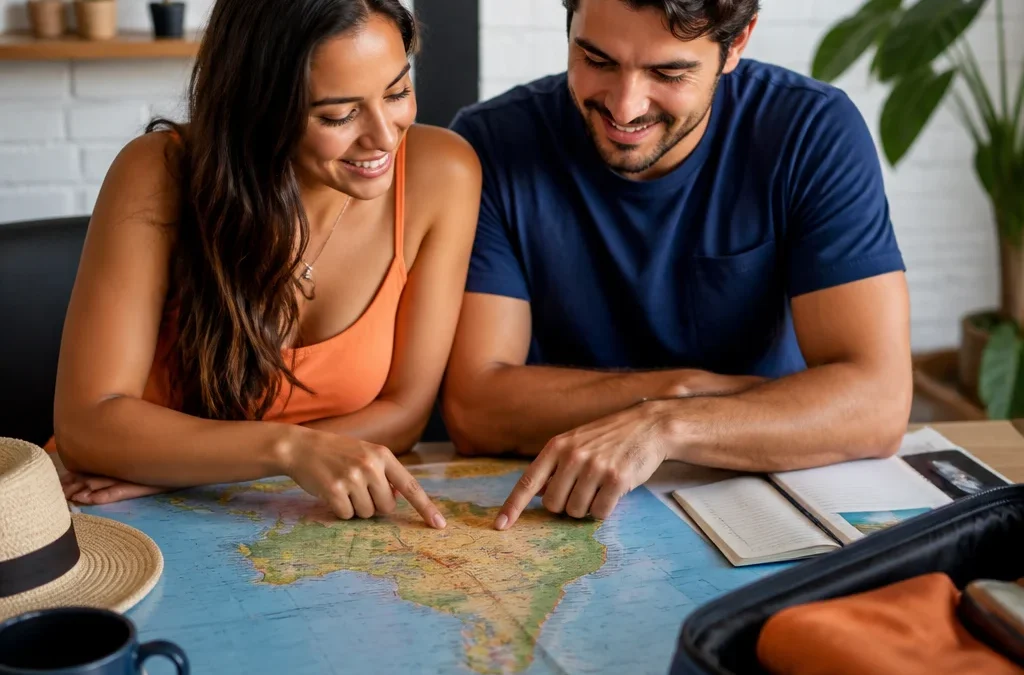 Lugares baratos para viajar em novembro: destinos e estratégias para economizar - destacada: Casal planejando lugares baratos para viajar em novembro com mapa e mala de viagem