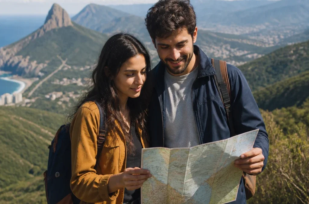 Lugares baratos para viajar em outubro: como escolher bem - destacada: Casal planejando lugares baratos para viajar em outubro diante de uma paisagem brasileira