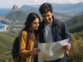 Lugares baratos para viajar em outubro: como escolher bem - destacada: Casal planejando lugares baratos para viajar em outubro diante de uma paisagem brasileira
