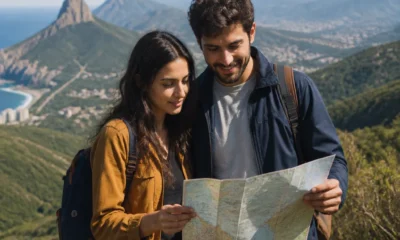 Lugares baratos para viajar em outubro: como escolher bem - destacada: Casal planejando lugares baratos para viajar em outubro diante de uma paisagem brasileira