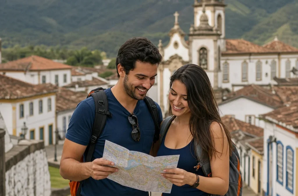 Lugares baratos para viajar em setembro: destinos e como economizar - destacada: Casal planejando lugares baratos para viajar em setembro em cidade histórica brasileira