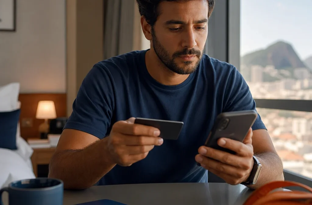 Milhas ou cashback: como escolher o benefício que mais combina com você - destacada: Pessoa comparando milhas ou cashback em um cartão de crédito para planejar uma viagem
